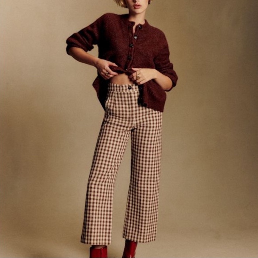 Sezane Martin Crop Brown Gingham- Checkered Wide Leg Pants- New with tags